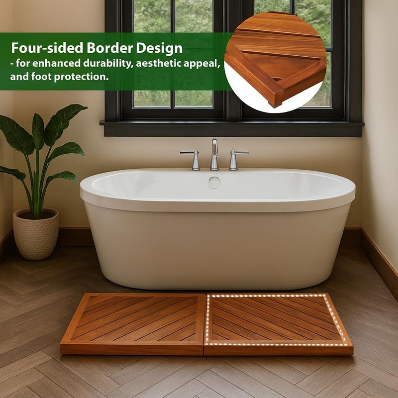 promitop Teak Wood Bath Mat for Bathroom - (33" x 16.5") Anti Slip Square Shower Mat Wooden Floor Mats for Outside Inside Shower Bathtub Luxury Spa Home or Outdoor - Image 4